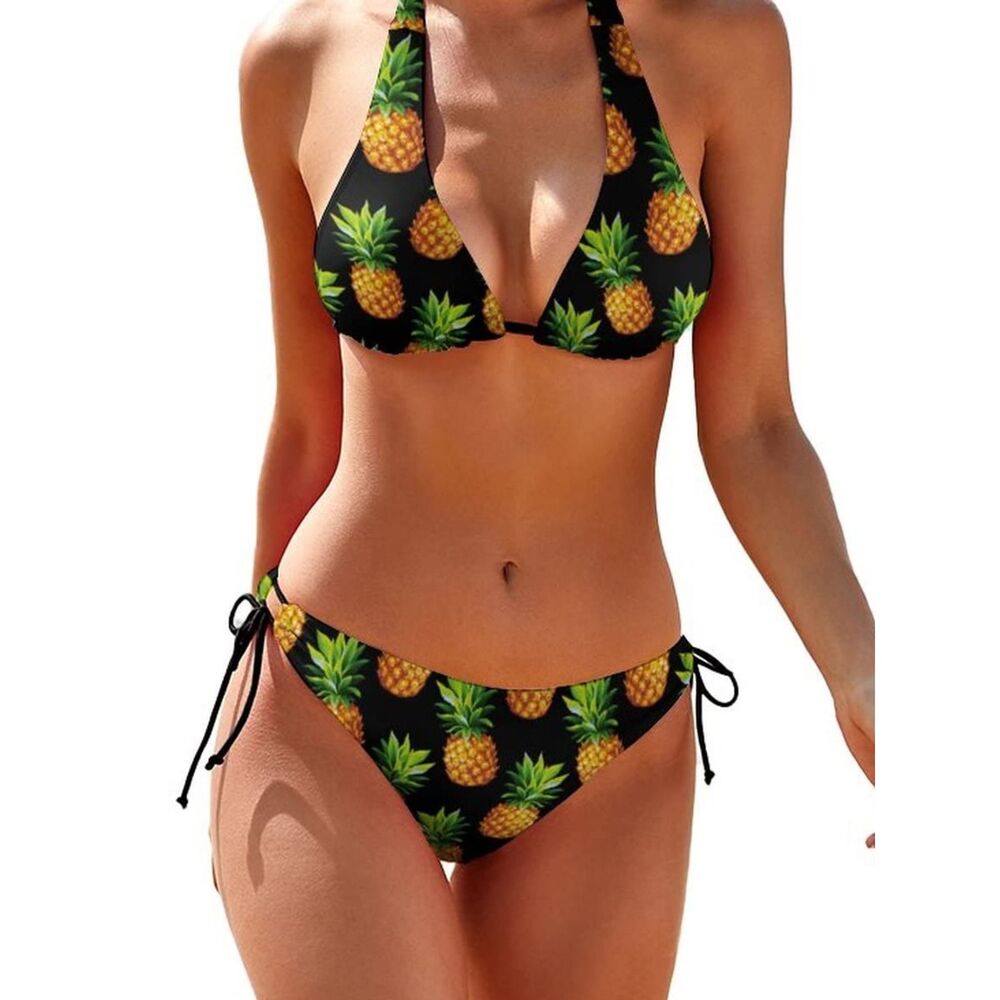 Womens‎ Pineapple Print Halter Bikini Swimsuit Black Adjustable Tie Size M